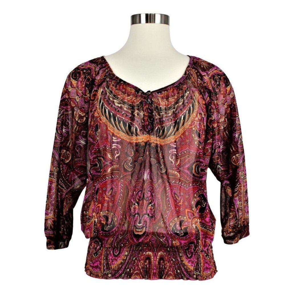 International Concepts Top Sheer Paisley Bohemian Print Elastic Waist Size XS